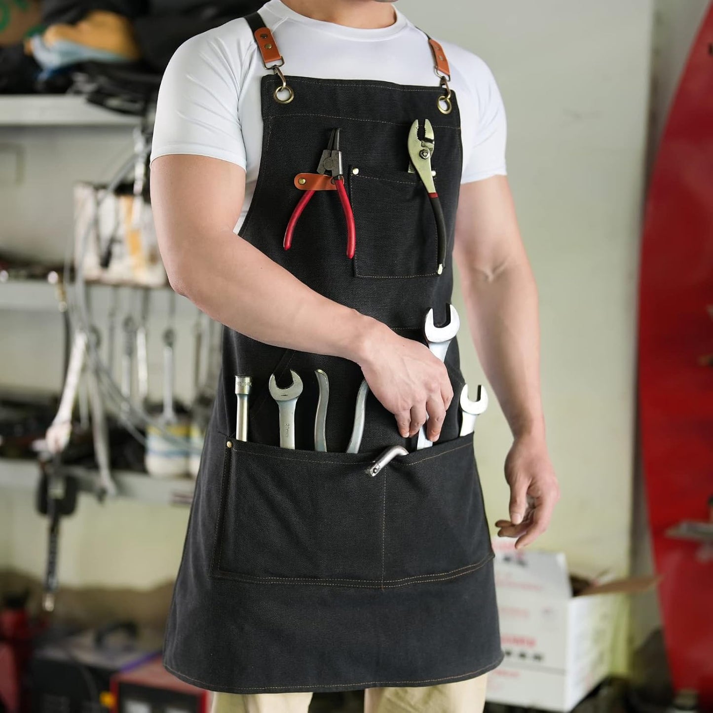 Canvas Aprons for Men Chef Apron, Work Apron with Large Pockets - 16oz Heavy Duty Cross Back, BBQ, Cooking