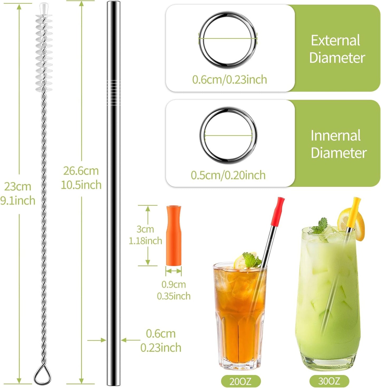 Stainless Steel Metal Straws with Silicone Tips Set of 10 Straight Reusable Drinking Straws for 20oz 30oz Tumblers (10.5'' L 0.24''Dia Staw + 2 Brushes)