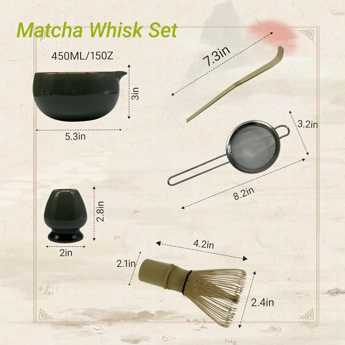 Matcha Whisk Set – 5 Pcs Matcha Set Whisk and Bowl with Spout, Bamboo Scoop, Sifter & Holder – Ru Kiln Matcha Bowl Japanese Tea Kit for Gifts, Home Use & Ceremonial Rituals (green)