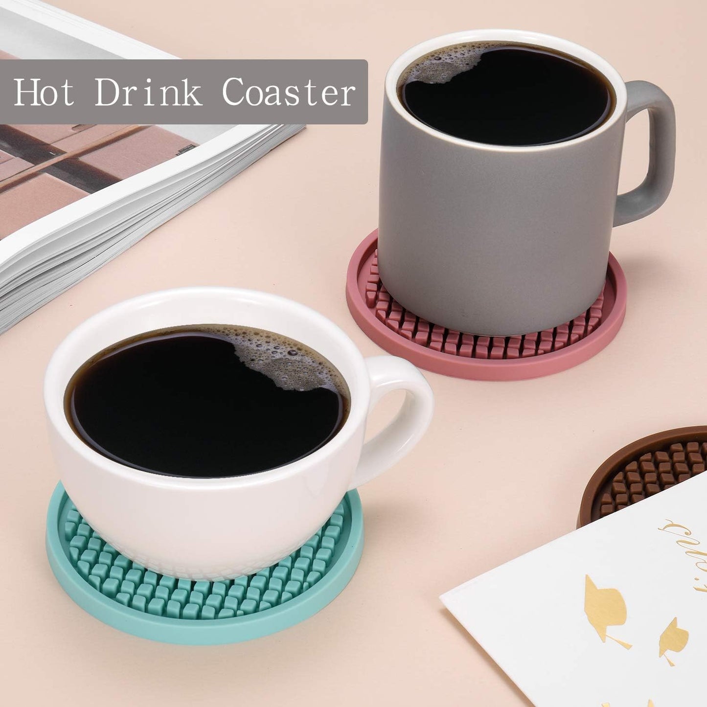 ME.FAN Silicone Coasters [6 Pack] Thickened Drink Coasters with Holder - Cup Mat - Non-Slip, Non-stick, Stay Put, Deep Tray - Prevents Furniture and Tabletop Damages(Peppermint Green)