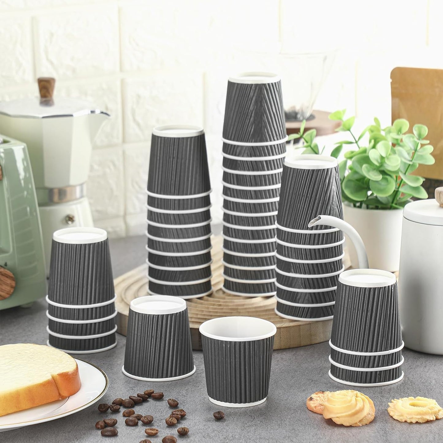Yaomiao 200 Pcs 4 oz Disposable Espresso Coffee Cups Ripple Corrugated Paper Insulated Hot Cups for Party Cold Drinks Hot Beverage Tea(Gray)