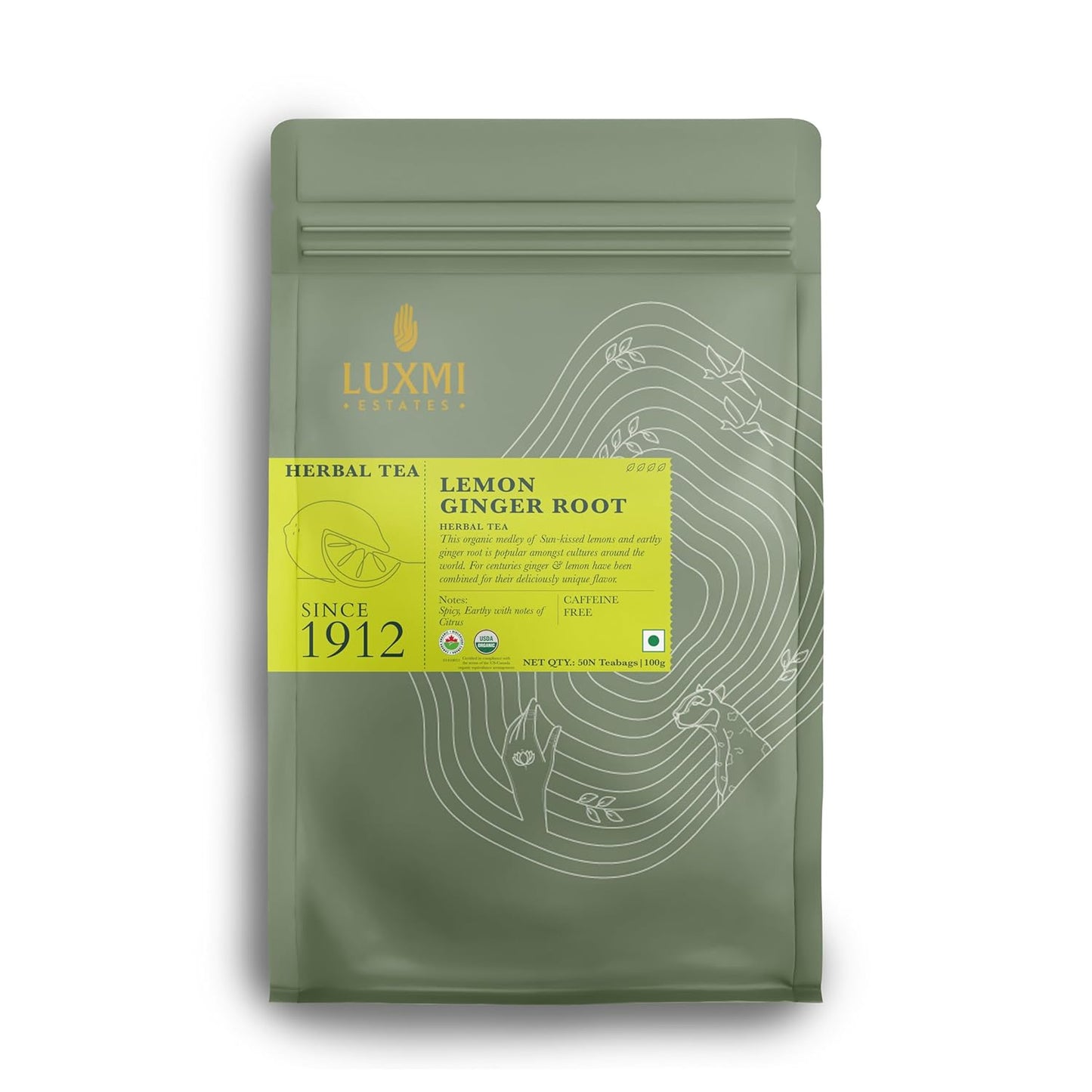 Luxmi Estates Organic Lemon Ginger Tea (50 Tea Bags), Lemon Peel, Ginger, Lemongrass and Licorice for sore throat, aids digestion, help with Nausea, and Uplifts Your Mood