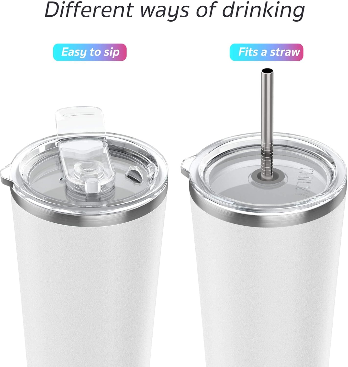 THILY Vacuum Insulated Tumbler Stainless Steel 26 oz Coffee Cup with 2 Lids and Straws, Powder Coated Travel Mug, Keeps Ice Drinks Cold, White