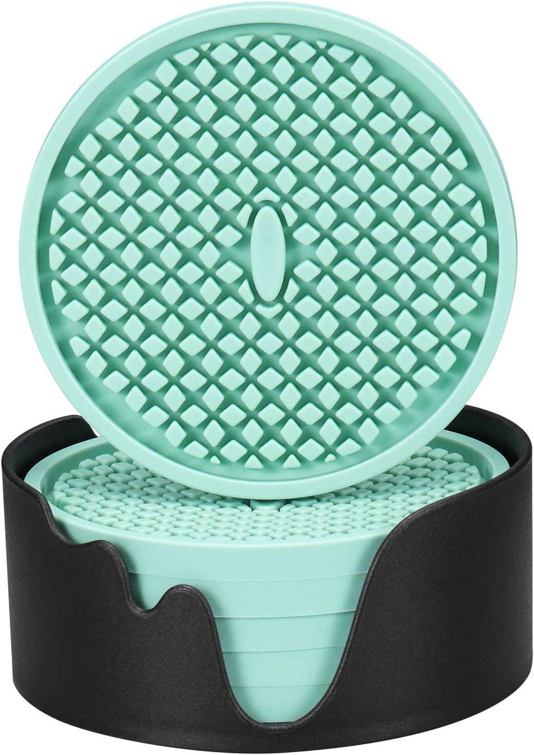 ME.FAN Silicone Coasters [6 Pack] Thickened Drink Coasters with Holder - Cup Mat - Non-Slip, Non-stick, Stay Put, Deep Tray - Prevents Furniture and Tabletop Damages(Peppermint Green)
