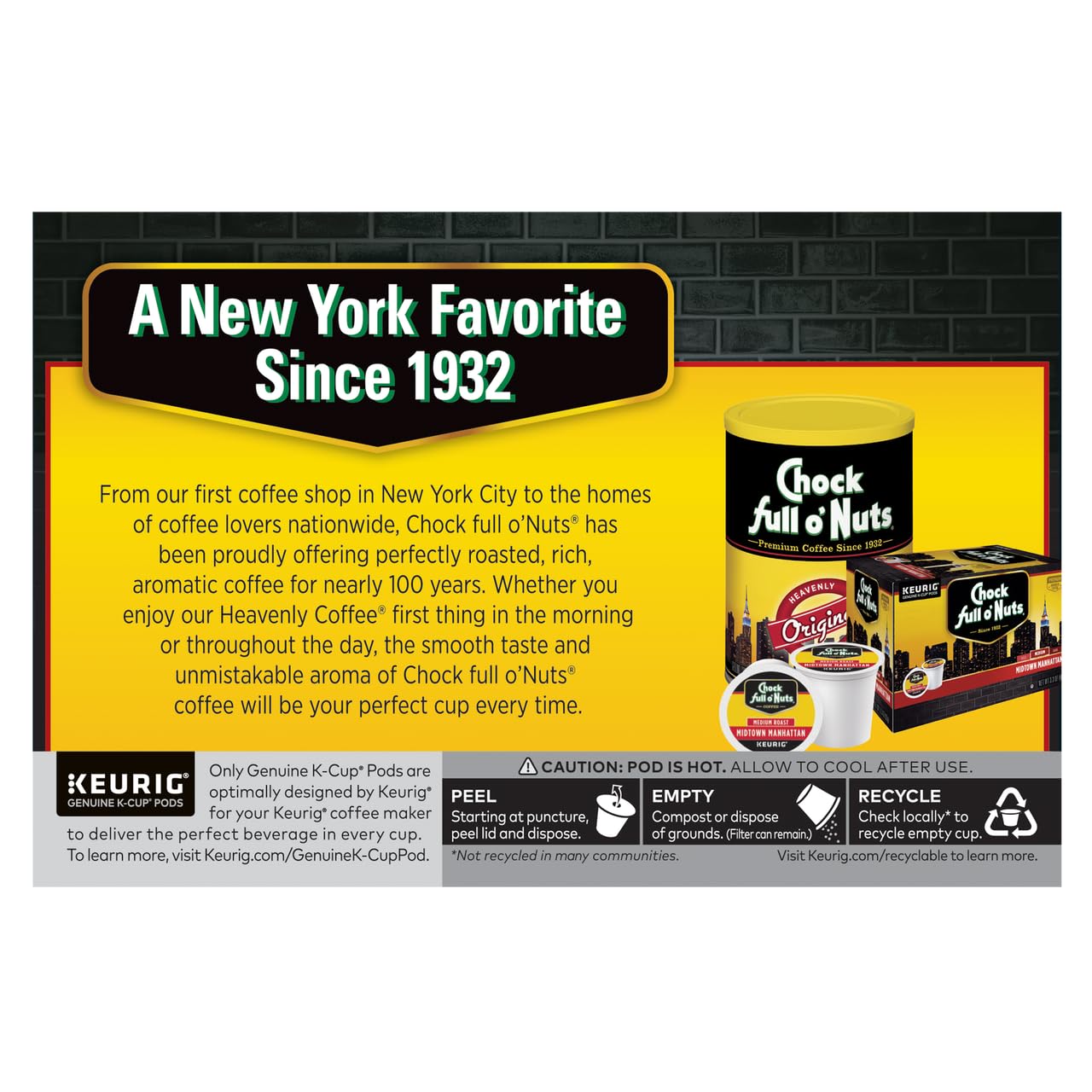 Chock Full o'Nuts Colombian Coffee, Compatible with K-Cup Pods, 12 CT (Pack of 3)