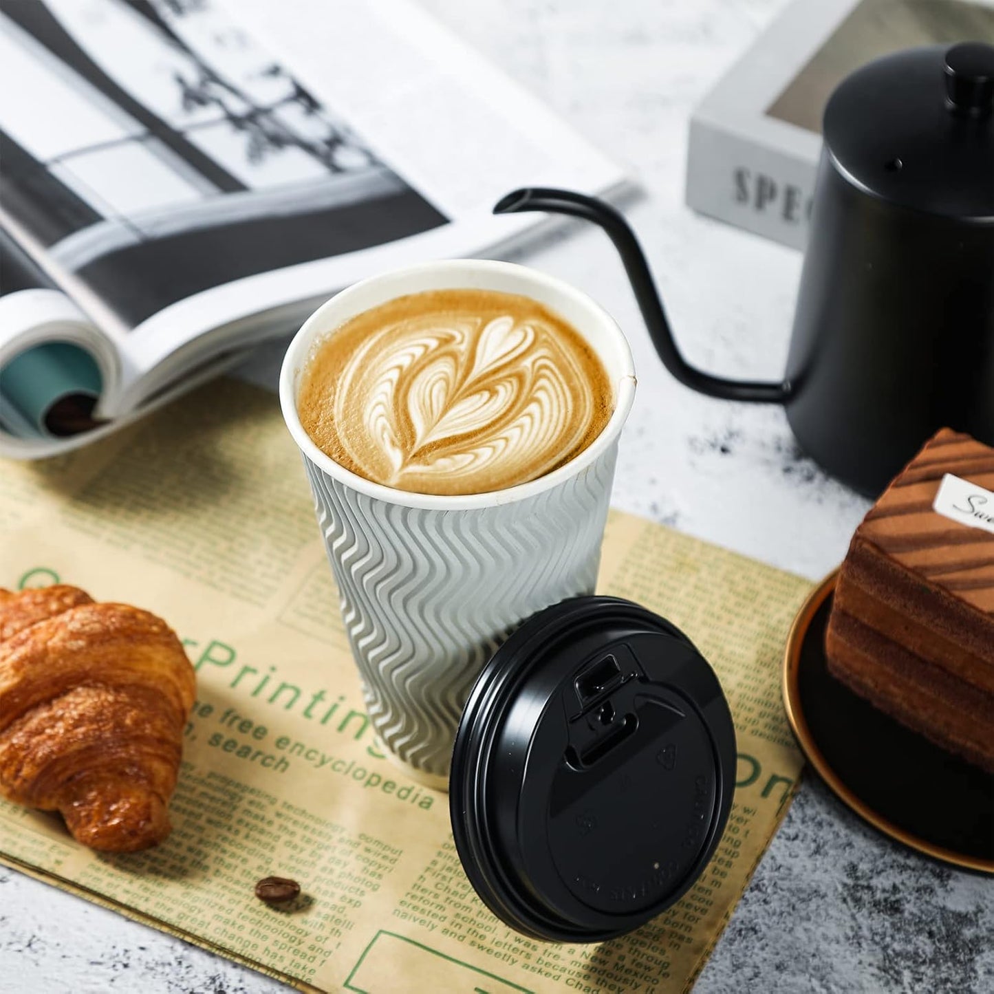 MUCHII 16 oz Disposable Coffee Cups, 80 Count Silver Grey Insulated Ripple To Go Cups With Lids and Straws for Tea, Hot Chocolate, and Drinks