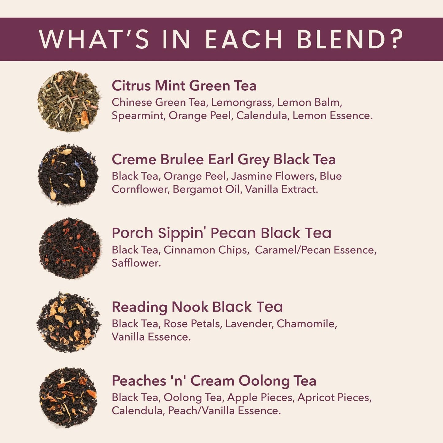 Loose Leaf Tea Sampler – 5 Caffeinated Blends Including Creme Brulee Earl Grey, Peach Oolong, Citrus Mint, Pecan and Floral Black – 75 to 100 Cups – Handcrafted in USA – Plum Deluxe