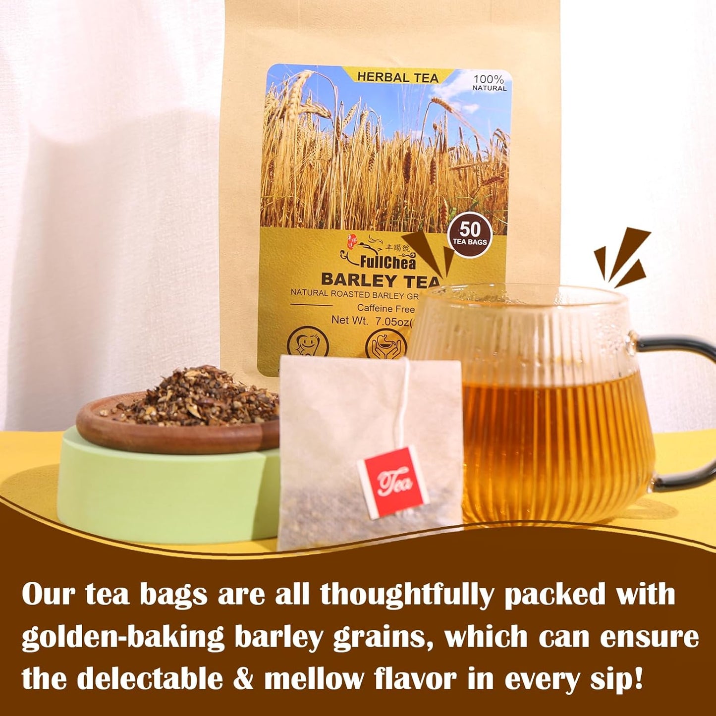 FullChea - Barley Tea, 4g X 50 Count - Premium Natural Roasted Barley Grain - Mild Baking Type - Non-GMO - Caffeine-free - Damai Cha - Digestion Support & Rich in Nutrition