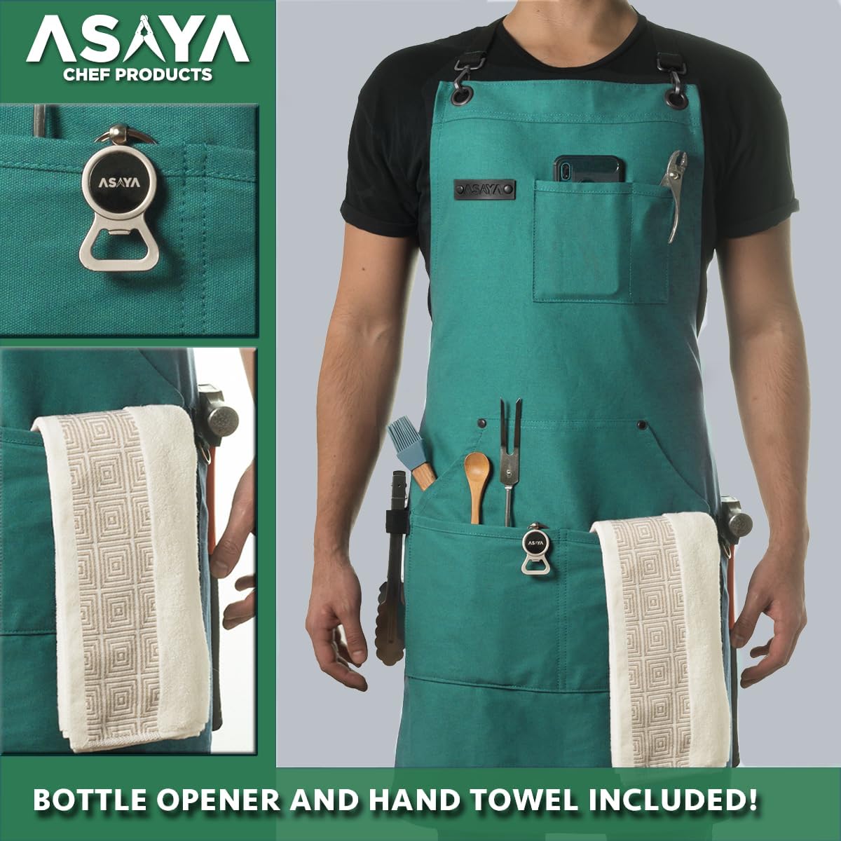 Asaya Chef and BBQ Apron with Bottle Opener and Hand Towel - 10oz Cotton Canvas, Stainless Steel Hardware - Cross Back Straps