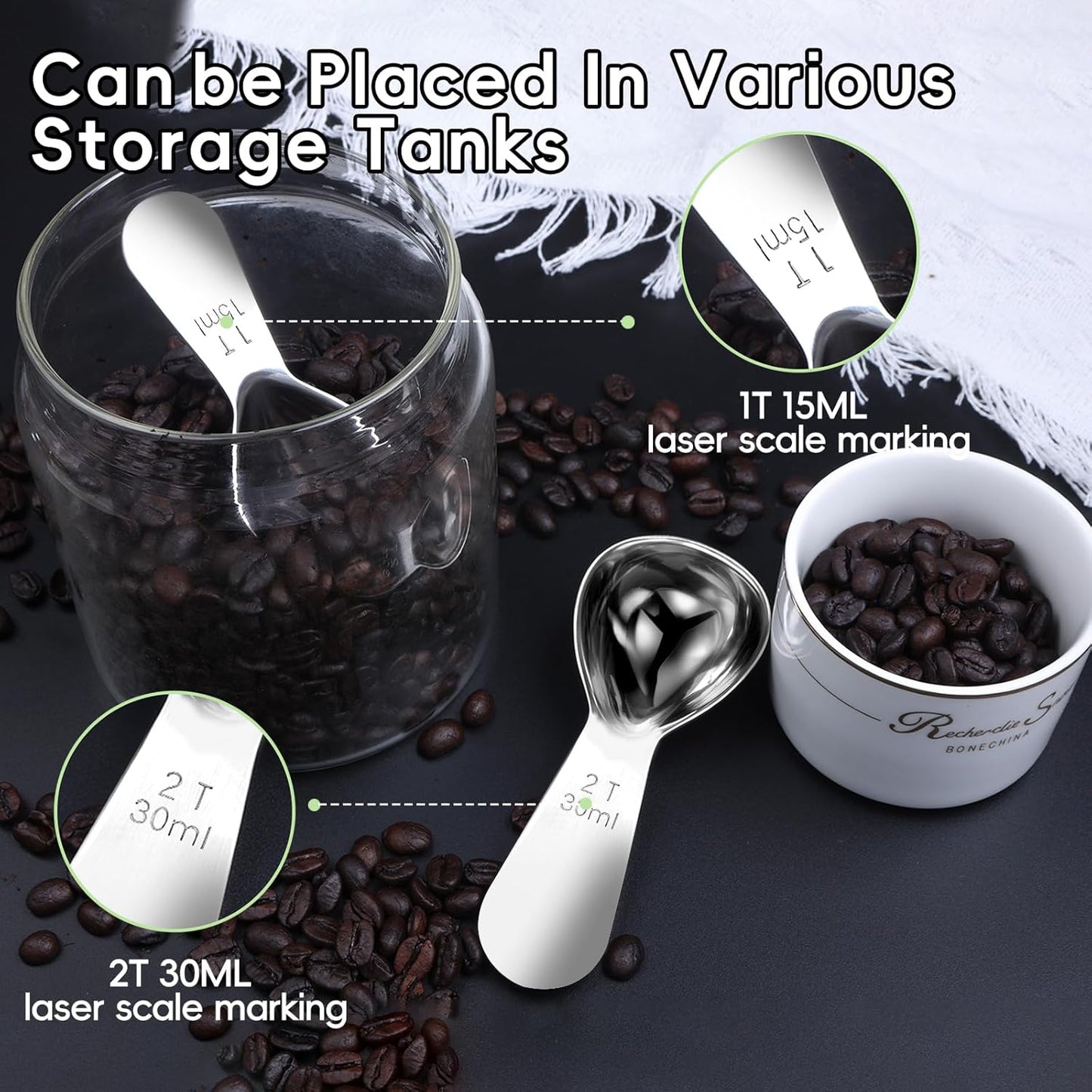 Coffee Scoop set,1&2Tablespoon Measuring spoon (2pieces) Ergonomic sdesign stainless steel manufacture,Coffee Scoop for Ground Coffee, Fits inside Airscape Canisters. (1TBSP&2TBSP(15ML&30ML))