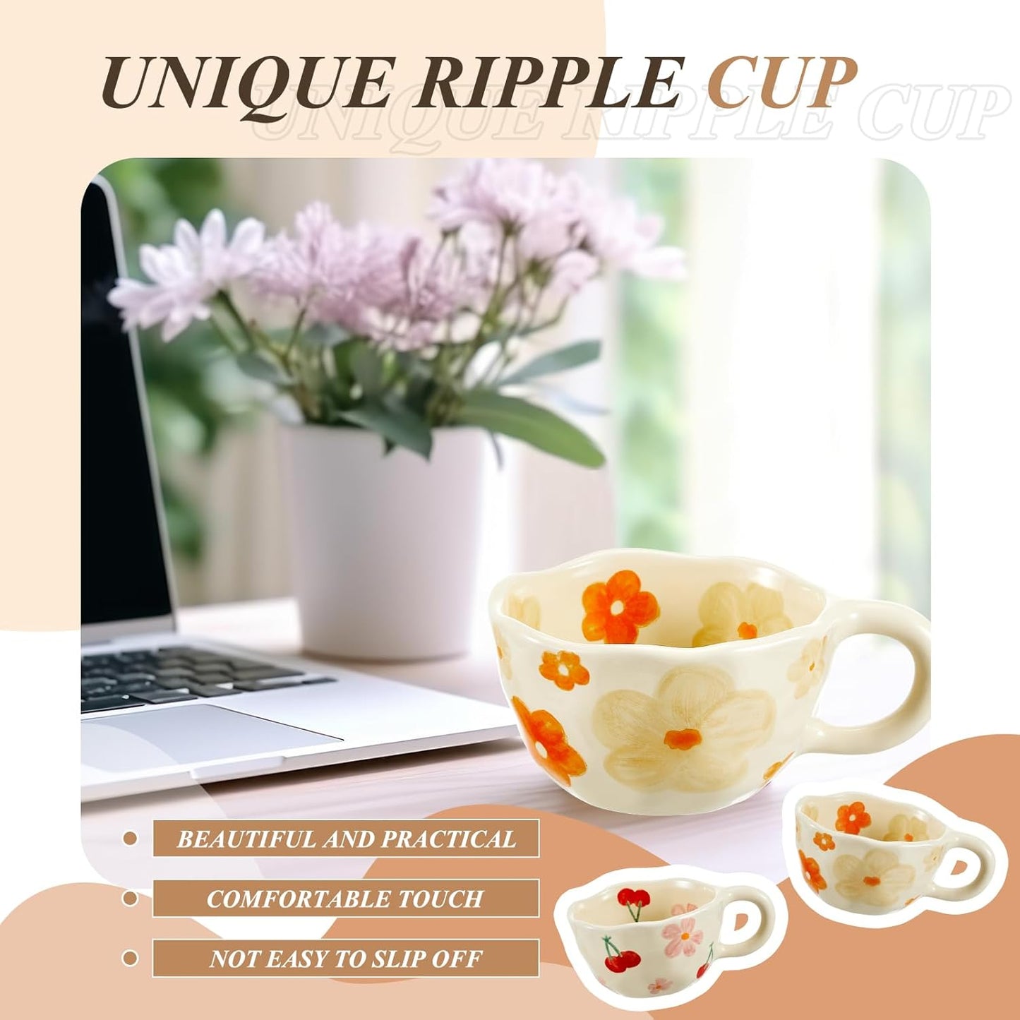 Vesici 2 Pcs Ceramic Coffee Mugs Flower Cups with Spoon Vintage Floral Mugs with Handle 8.5 oz Aesthetic Tea Porcelain Cup Gift for Valentine Office Home, Dishwasher and Microwave Safe(Fresh)
