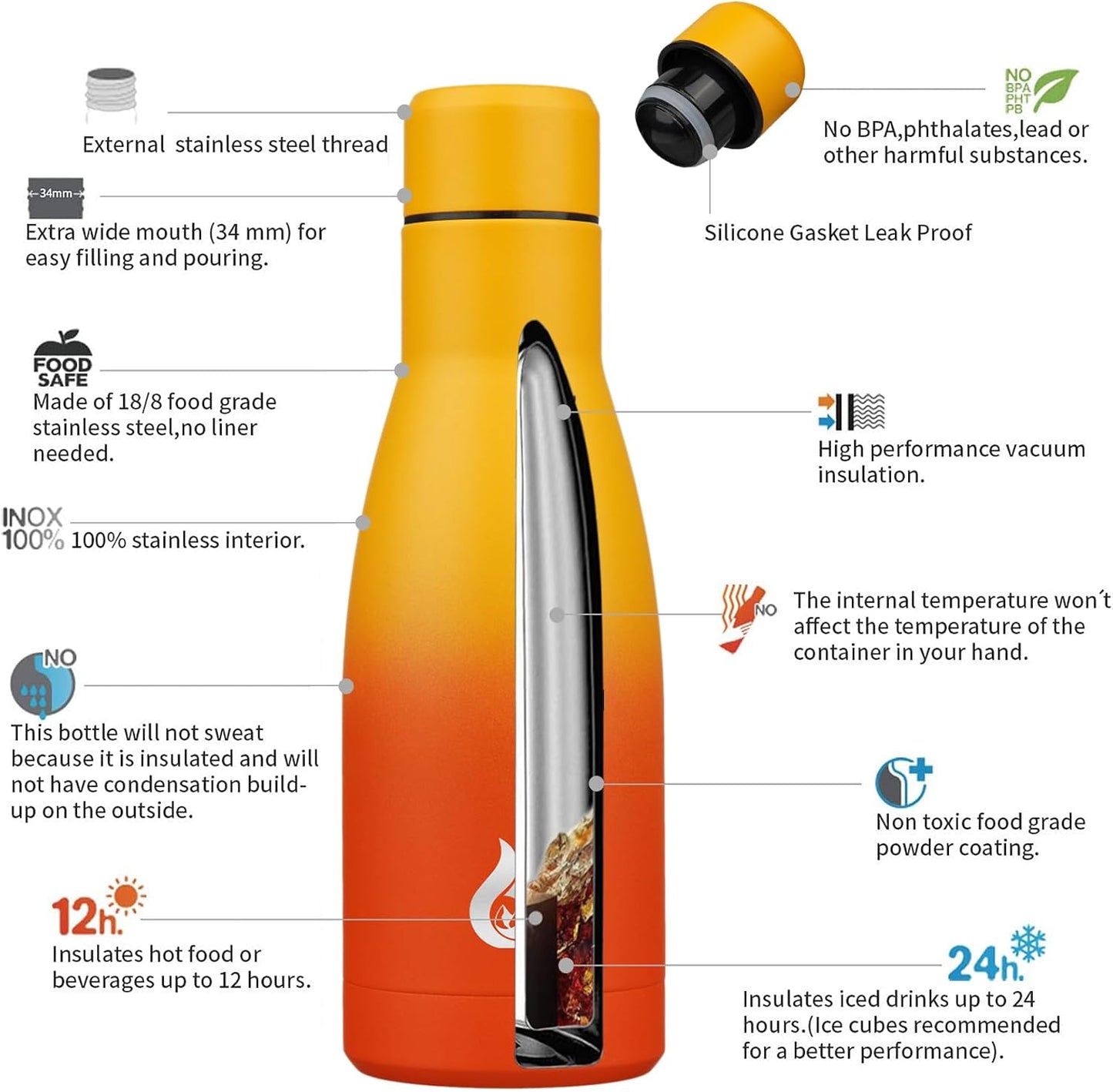 BJPKPK Insulated Water Bottle 12oz Samll Stainless Steel Water Bottles Reusable Metal Thermos Keep Cold and Hot,Sunset Orange