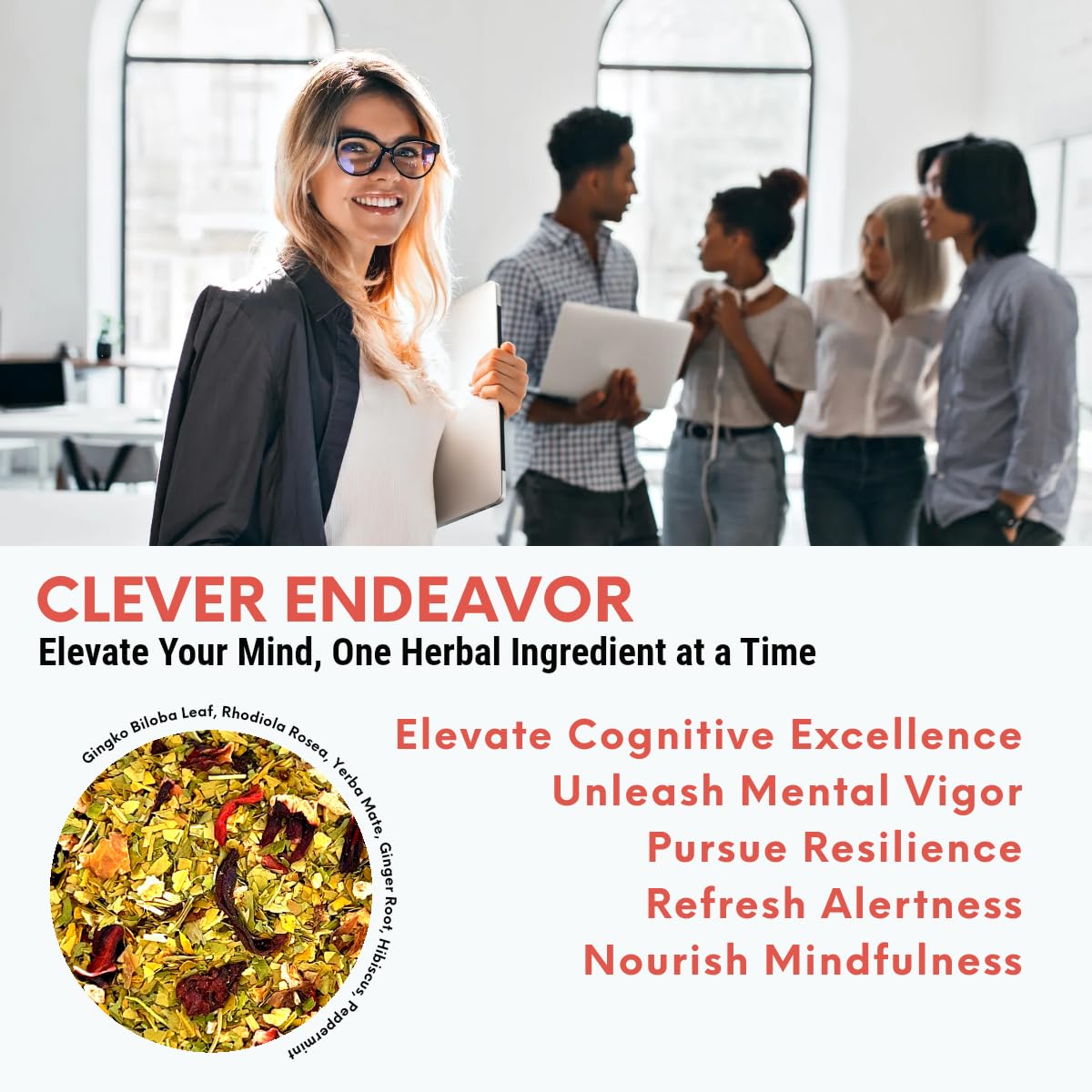 Pure And Easy Tea, Clever Endeavor, Natural Focus & Mental Clarity Tea, Caffeinated Loose Leaf Blend with Ginkgo Biloba & Yerba Mate, 30-Day Supply, 100g