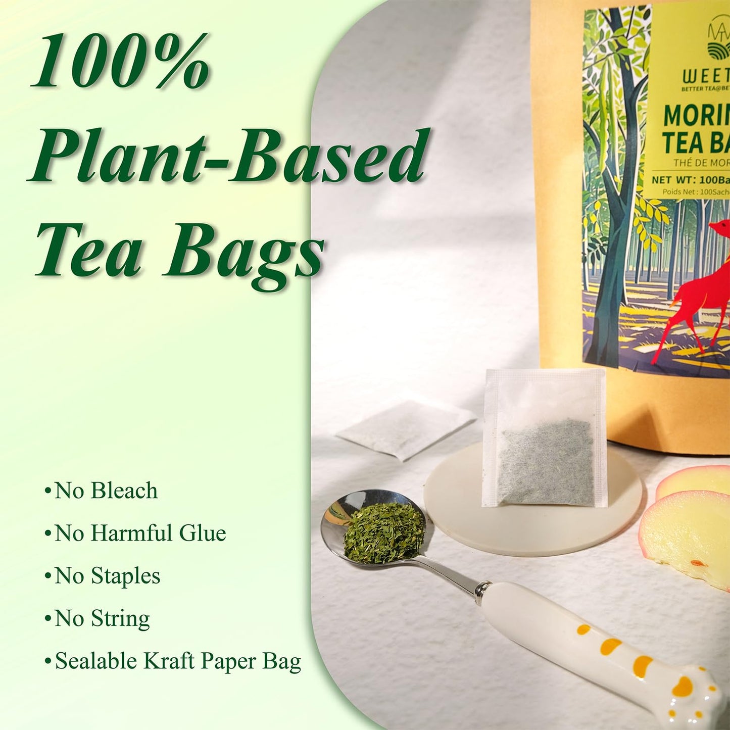 WT WEETEE Moringa Tea Bags 100 Count, 100% Pure Dried Moringa Leaves, Caffeine Free Nutrient-Dense Herbal Tea, Earthy Spinach Aroma & Bold Fermented Bean-Like Flavor