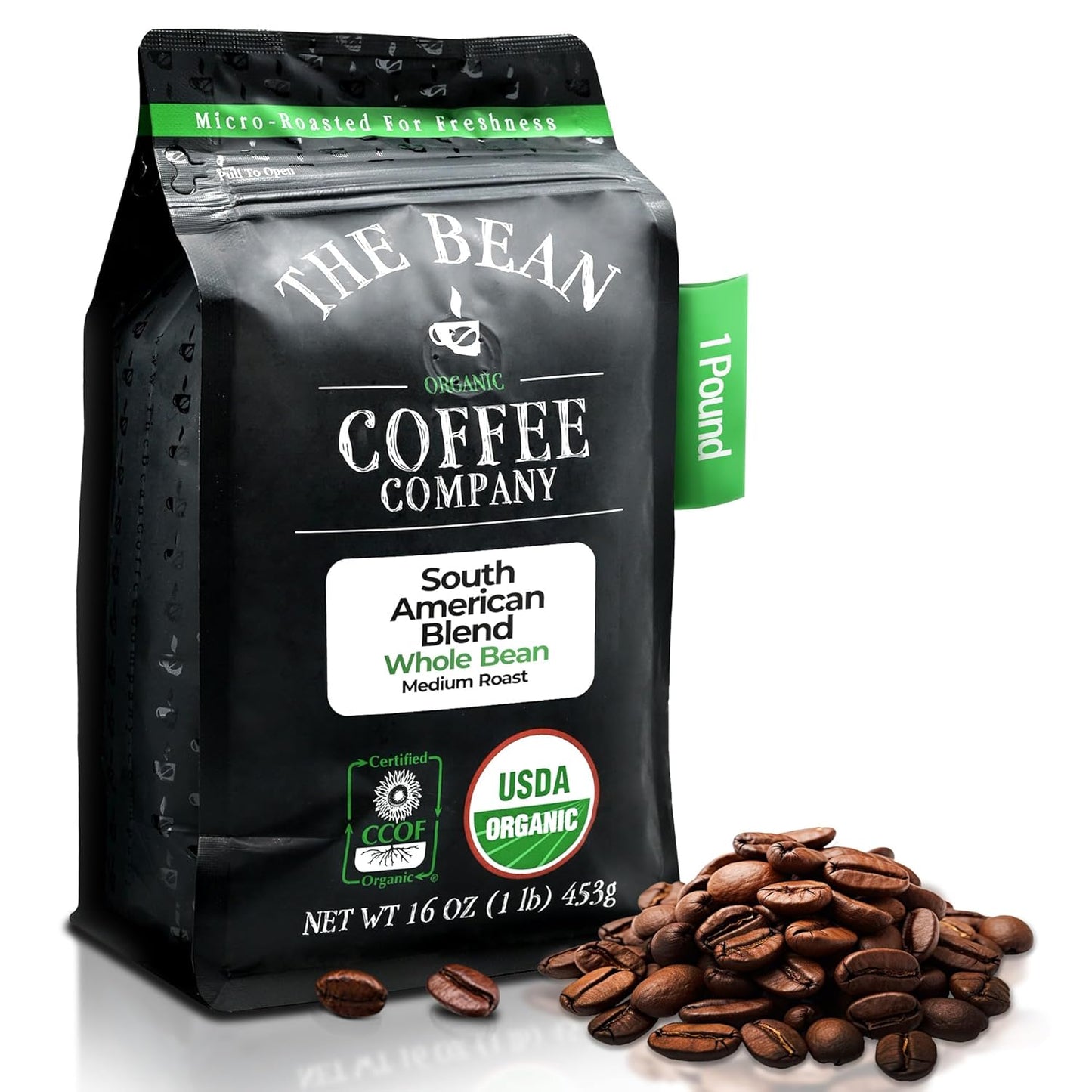 The Bean Organic Coffee Company South America, Medium Roast, Whole Bean Coffee, 16-Ounce Bag