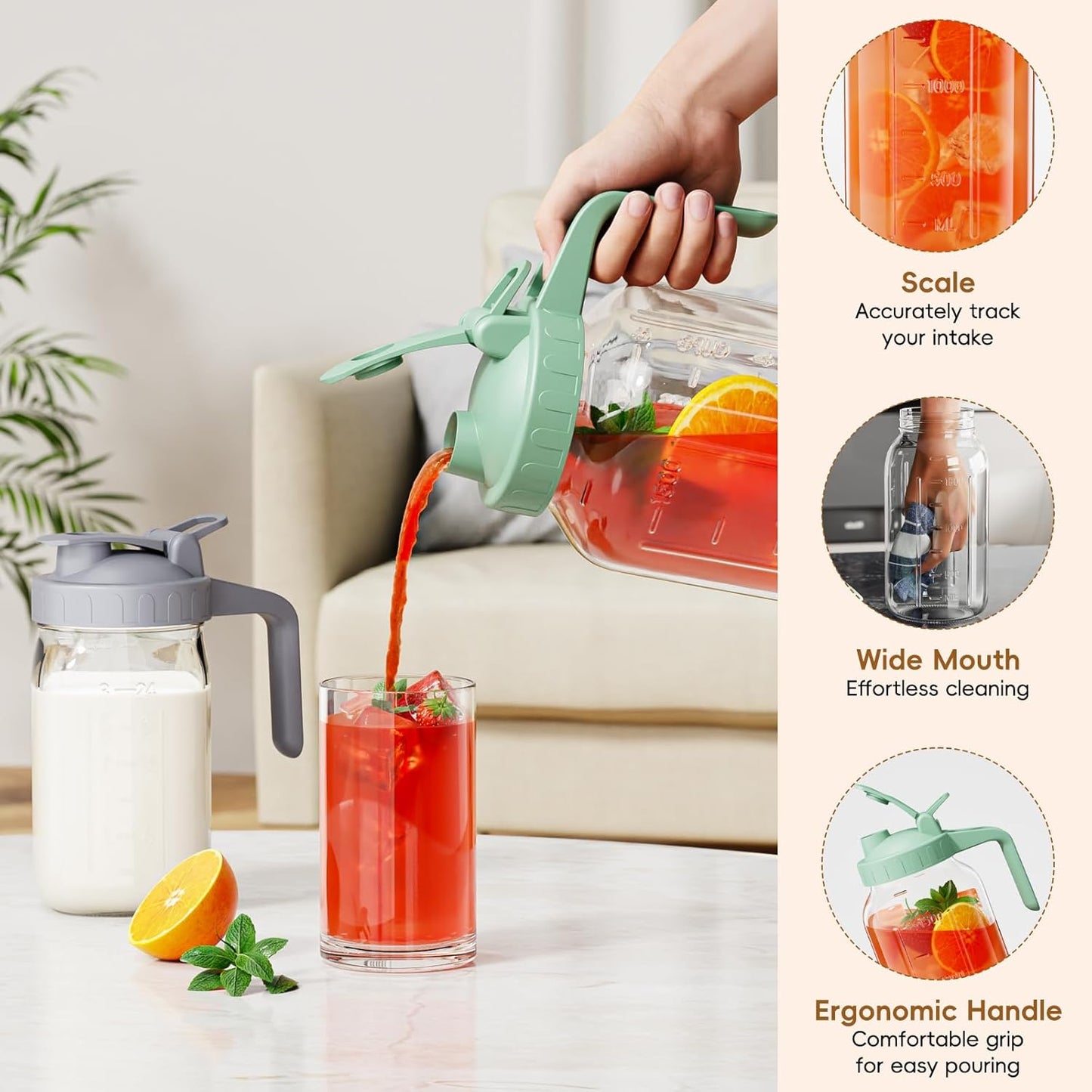 Glass Mason Jar Pitcher, 64 oz Wide Mouth Jug with Pour Spout Handle Lid for Cold Brew Coffee, Ice Beverage, Iced Juice, Lemonade, Sun Tea, Fruit Drinks Container（Green）