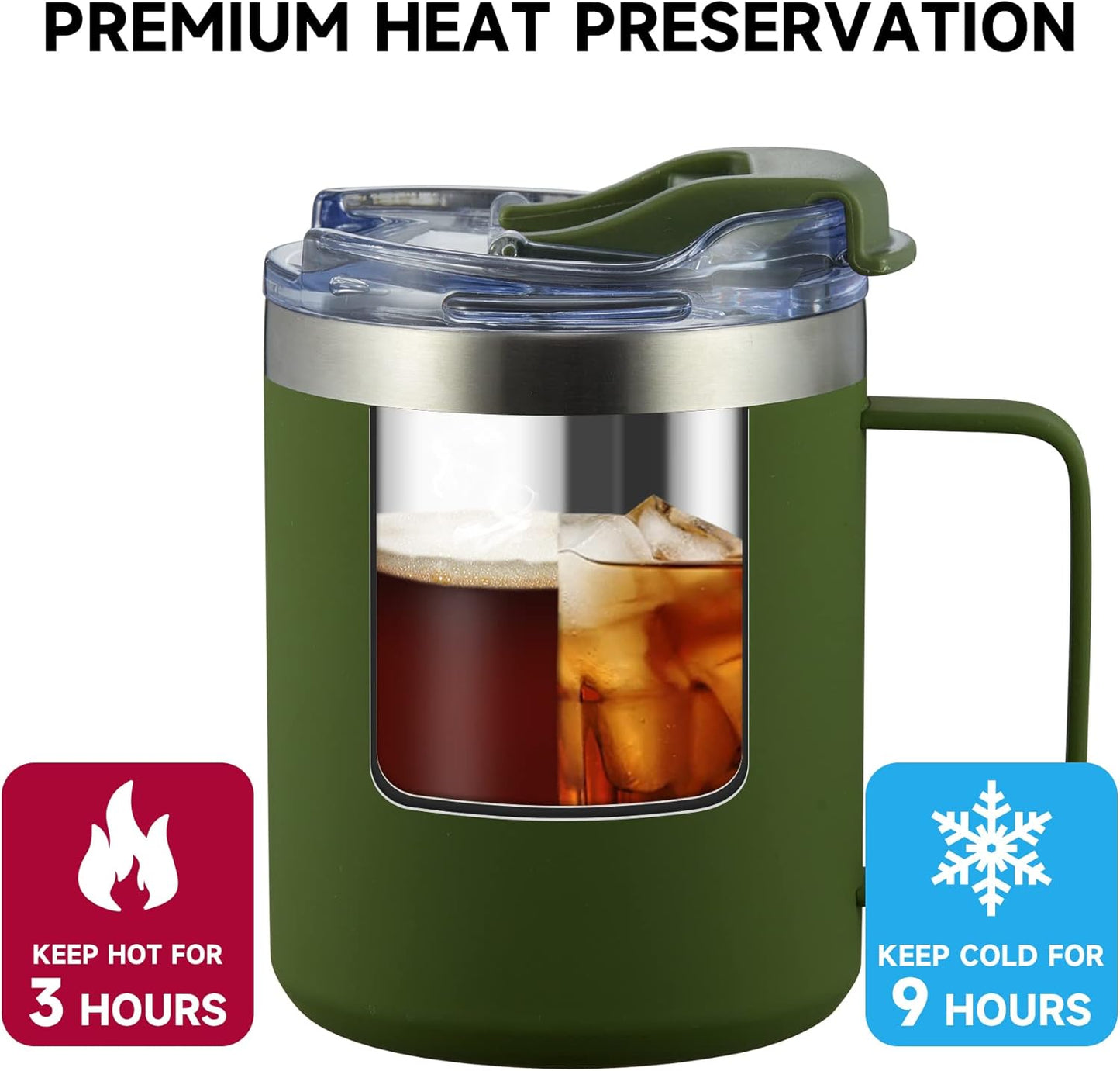 ALOUFEA 12oz Insulated Coffee Mug Cup with Handle, Stainless Steel Travel Coffee Mug with Flip Lid, Double Wall Vacuum Coffee Tumbler, ArmyGreen