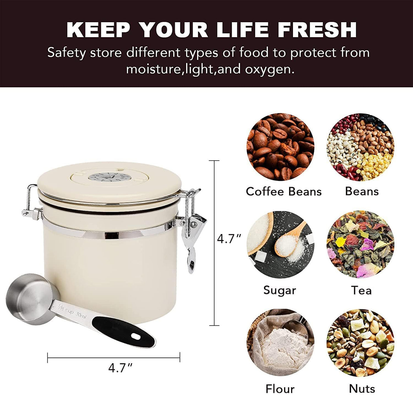 ShanSon Coffee Canister Airtight Coffee Container Stainless Steel Coffee Bean Storage Container with Scoop Coffee Canister for Beans Grounds Sugar Flour Tea Cereal,11OZ, Beige
