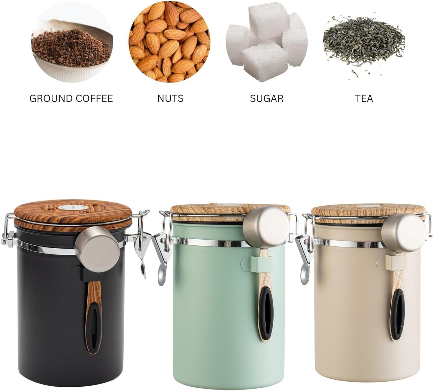 Airtight Coffee Canister 1.8L with Wooden Lid Scoop Set, 304 Stainless Steel Food Storage Container with CO₂ Valve, for Beans, Grounds, Tea, Sugar, Flour, Nuts (Black,1.8L)
