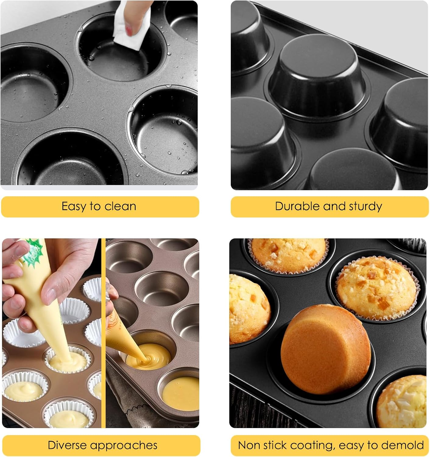2 Packs Nonstick Round Muffin Baking Pan Tin, 12-Cup Muffin Tin, Cupcake Pans, Cheesecake Pans, Carbon Steel, Black