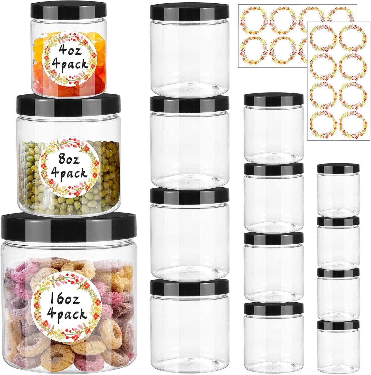 12pcs Plastic Jars with Lids 16 oz & 8 oz & 4 oz, Leakproof Storage Containers Clear Plastic Mason Jars for Peanut, Spice, Cookie, Candy and Dry Food Wedding Shower Party Favors