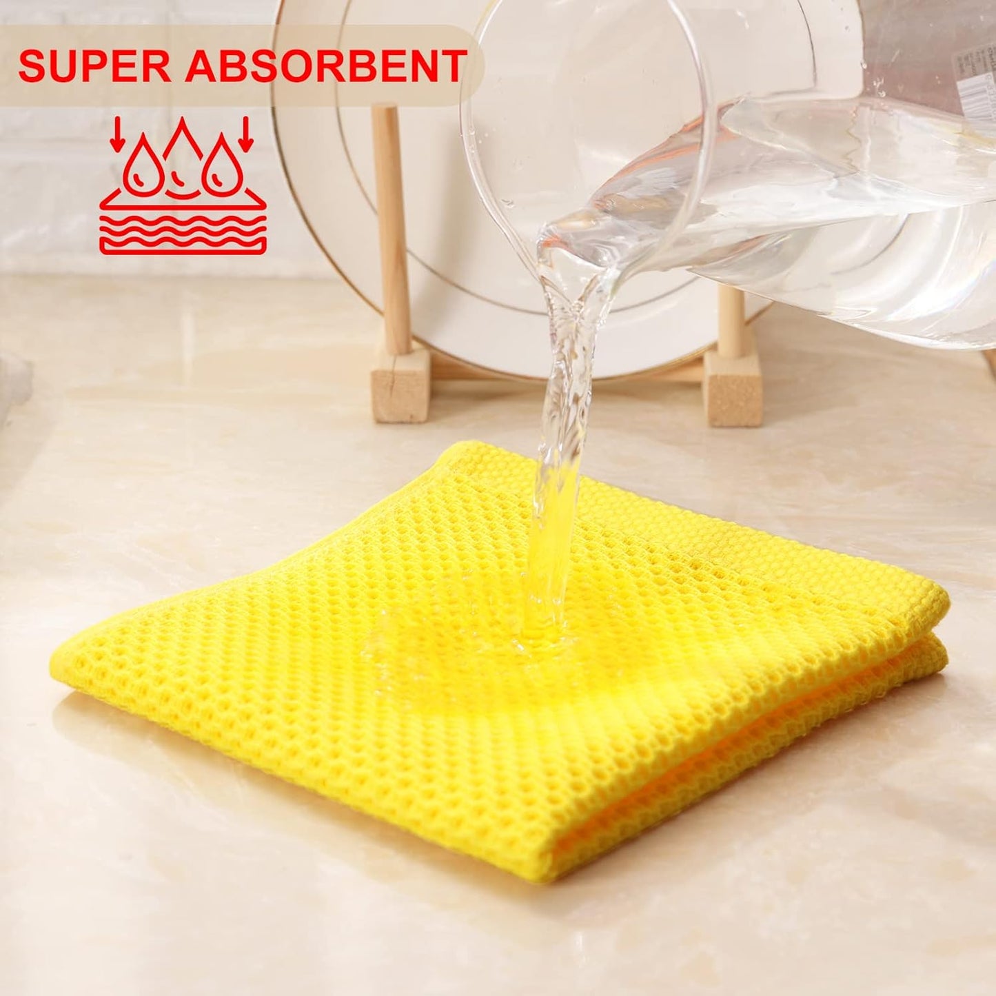 Kitinjoy 100% Cotton Kitchen Dish Cloths, 6 Pack Waffle Weave Ultra Soft Absorbent Dish Towels for Drying Dishes Quick Drying Kitchen Towels Dish Rags, 12 X 12 Inches, Yellow