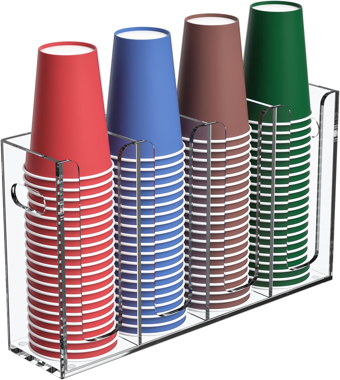 Disposable Coffee Cup Dispenser with Handles, Countertop or Wall Mount Hot/Cold Drink Cup and Lid Holder - Bathroom/Kitchen/Office Acrylic Cup Lid Storage Organizer (4 Compartments, Clear)