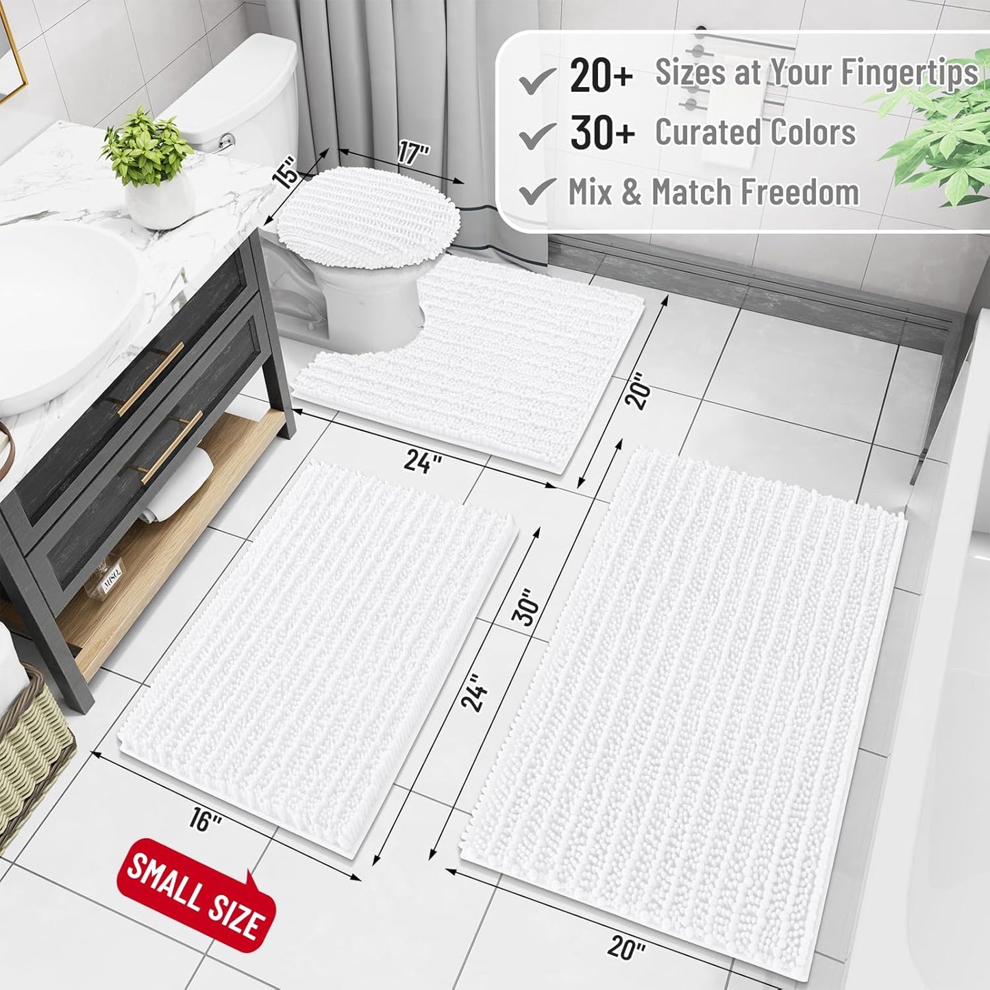 Arotive Luxury Chenille Bathroom Rug Mat, Extra Soft Thick Absorbent Shaggy Bath Rugs, Non-Slip Machine Wash Dry, Plush Bath Mats for Bathroom, Shower and Tub, 60x24, White