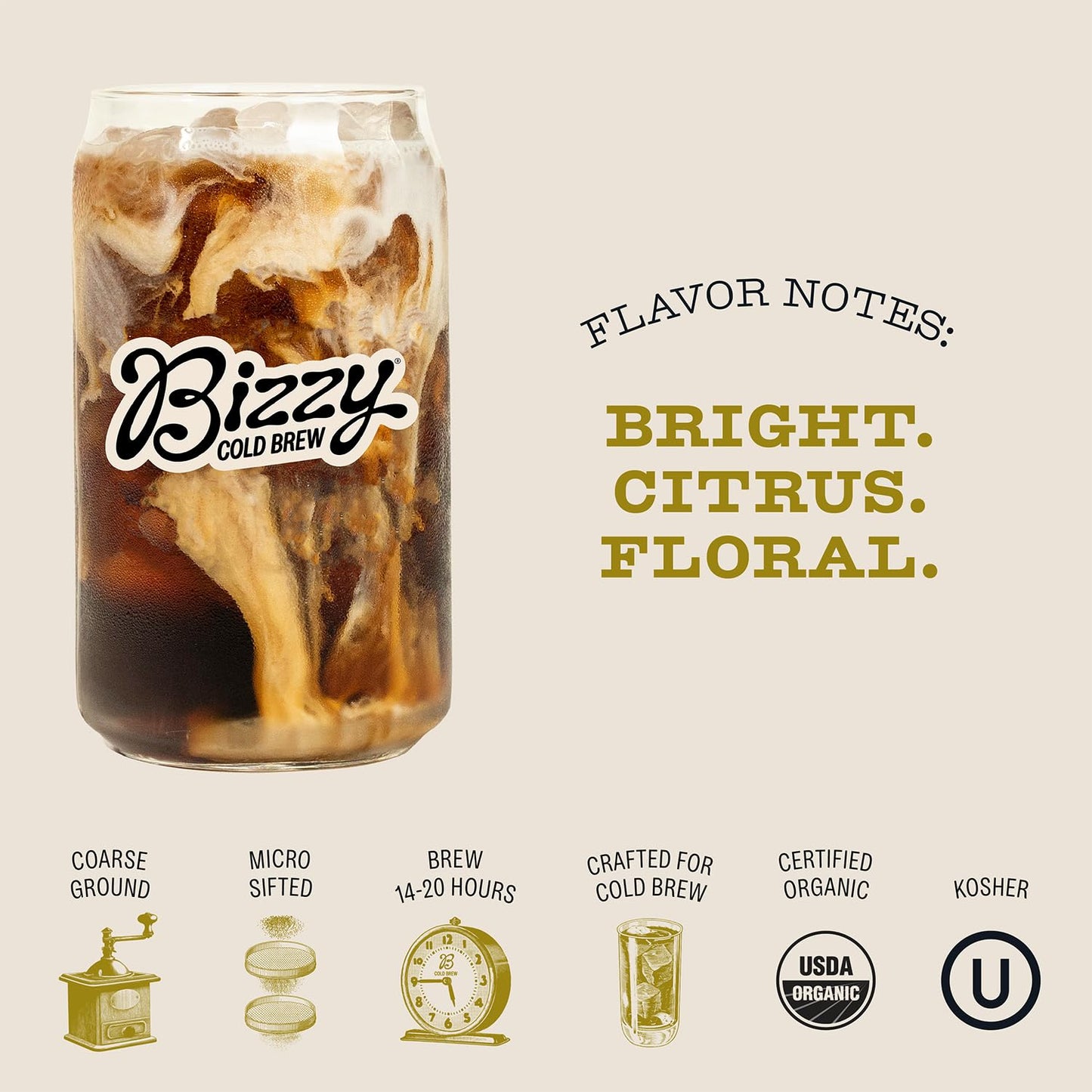 Bizzy Organic Cold Brew Coffee | Light & Bright Blend | Coarse Ground Coffee | Light Roast | Micro Sifted | Specialty Grade | 100% Arabica | 1 LB