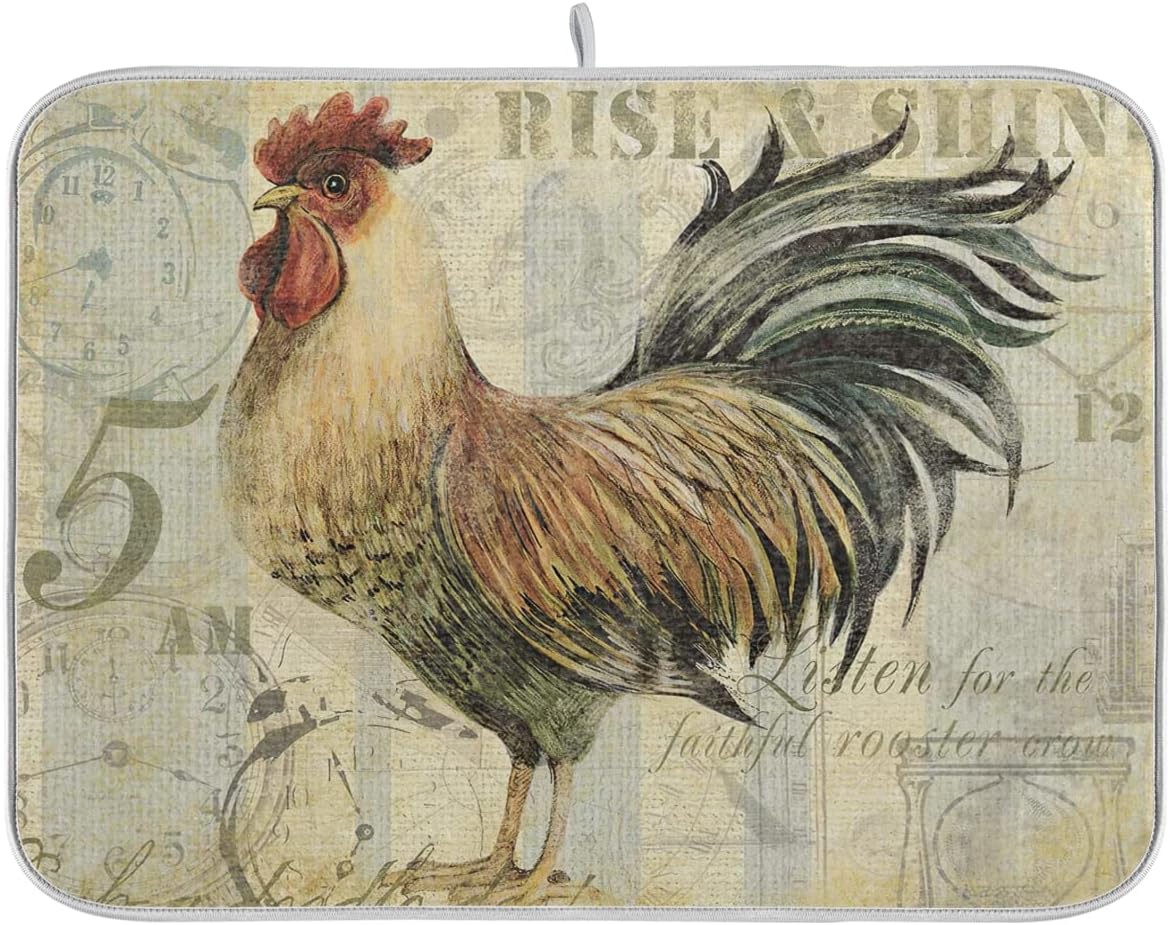 Farmhouse Rooster Dish Drying Mat 16 x 18 Inch with Hanging Loop High Absorbent Reversible Microfiber Dish Drying Pad Dish Rack Pad Drainer Mat for Kitchen Counter Coffee Bar