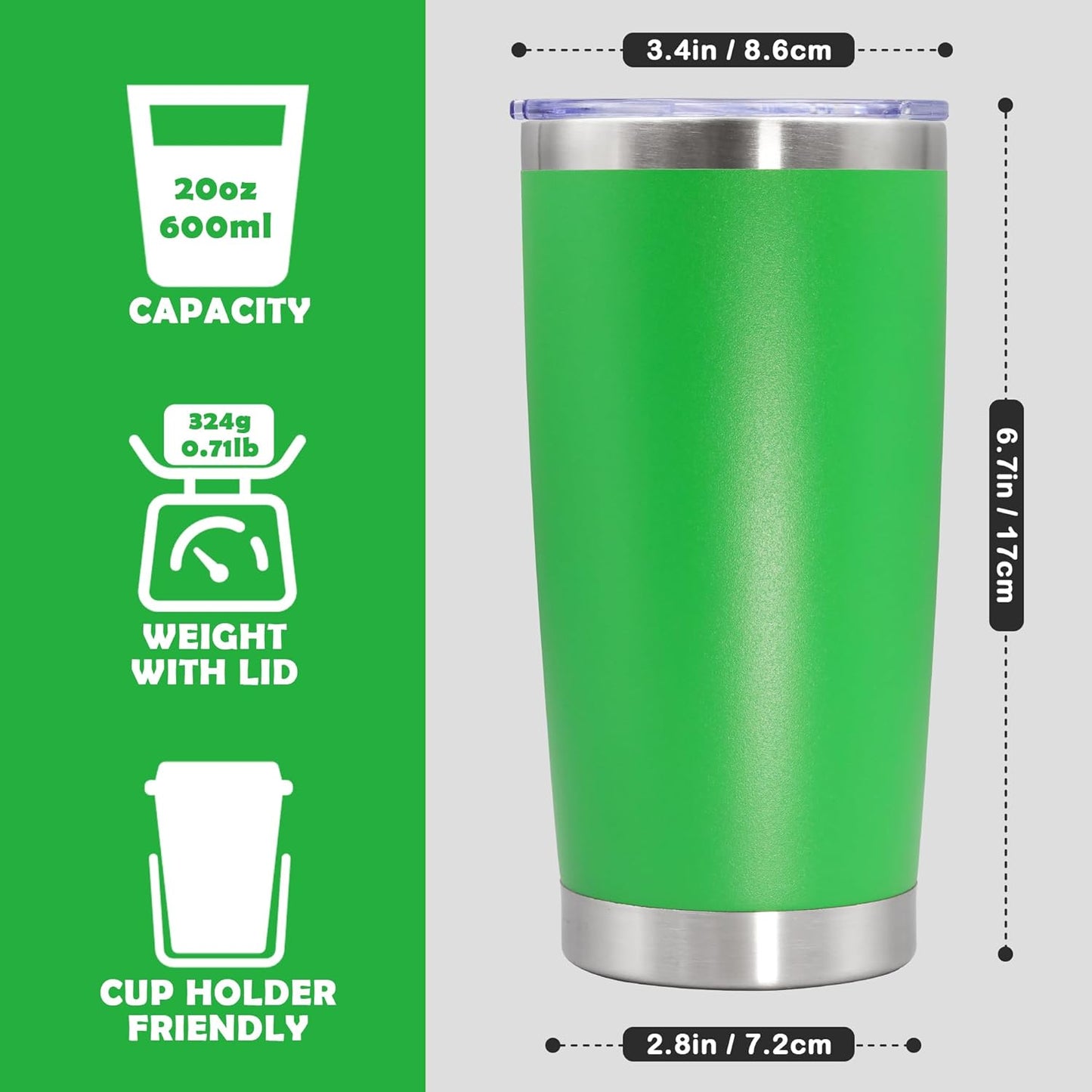 20oz Tumbler Bulk Stainless Steel Tumbler Cup with Lid Vacuum Insulated Double Wall Travel Mug, Durable Powder Coated Travel Coffee Tumbler Mug for Hot & Cold Drinks, Green,12 Pack