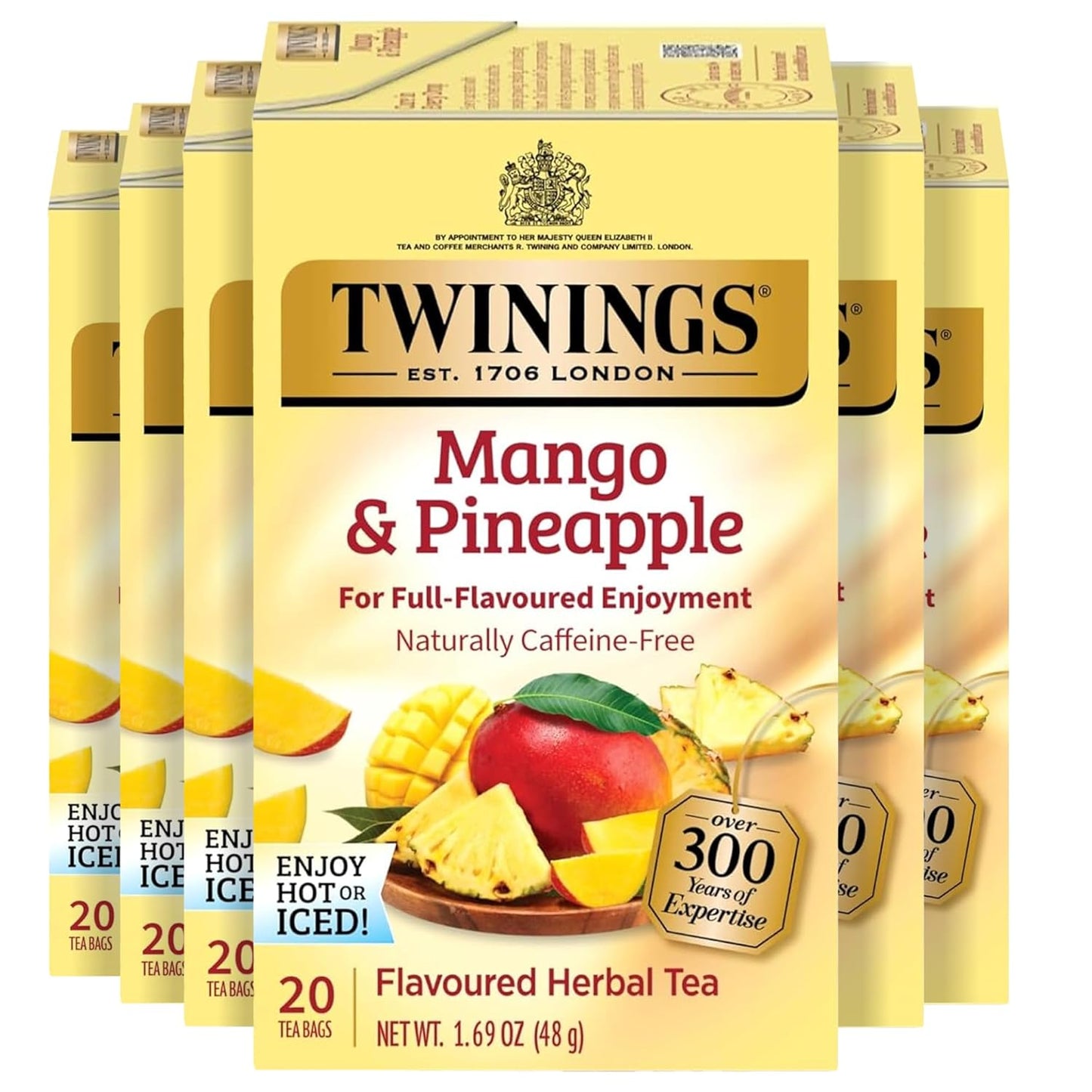Twinings Mango & Pineapple Herbal Tea Individually Wrapped Bags, 20 Count (Pack of 6), Naturally Caffeine-Free, Enjoy Hot or Iced, 120 Teabags