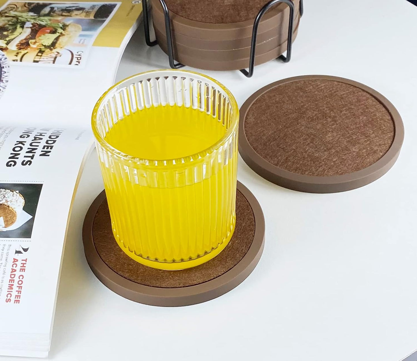 Absorbent Coasters for Drinks with Holder - 6packs, Silicone Coaster with Soft Felt Insert (4.3 inch Coasters with 4.5 inch Holder, Brown)