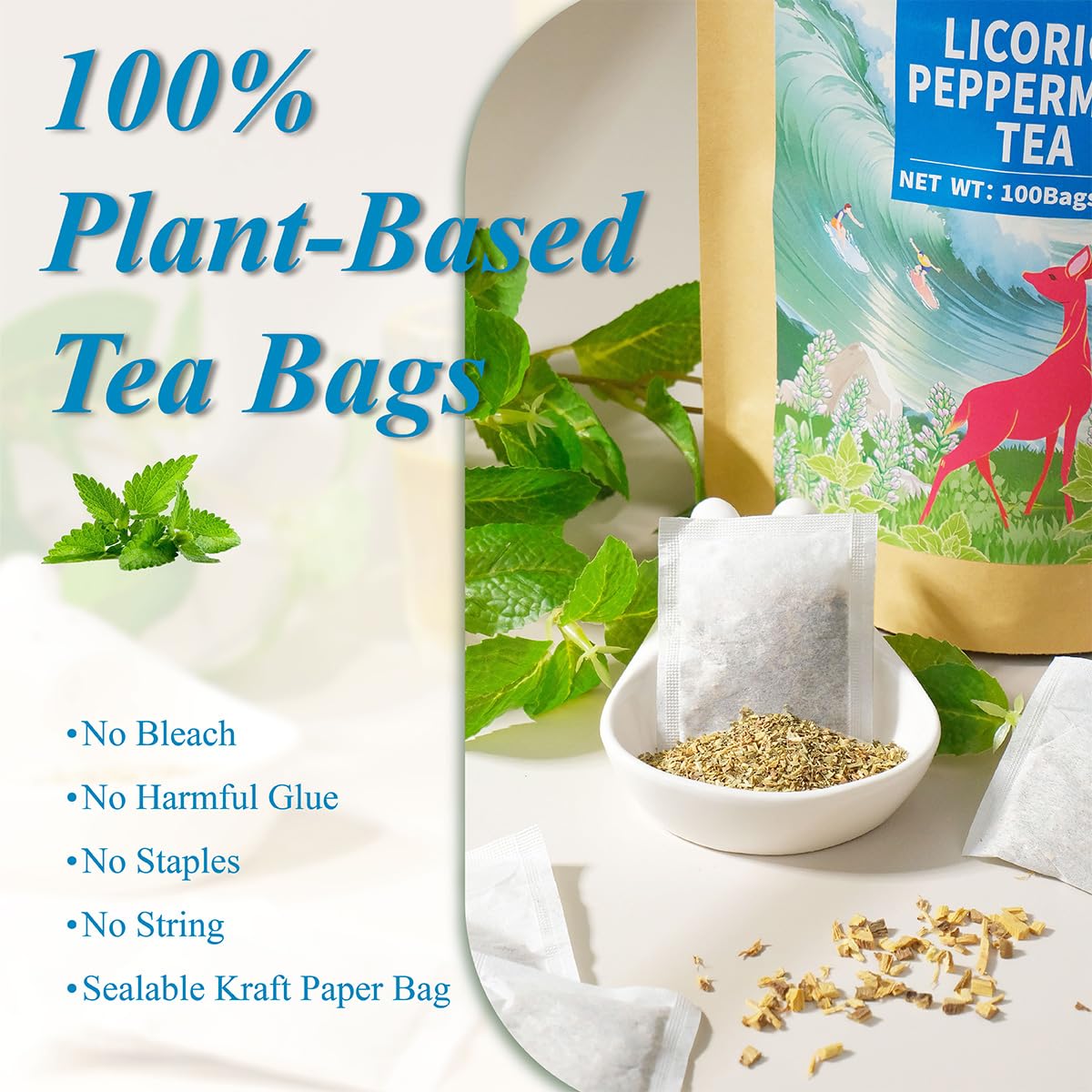 WT WEETEE Licorice Mint Tea Bags 100 Counts, Made 100% Natural & Pure Peppermint & Licorice Root, Naturally Caffeine-free, Sweet & Refreshing