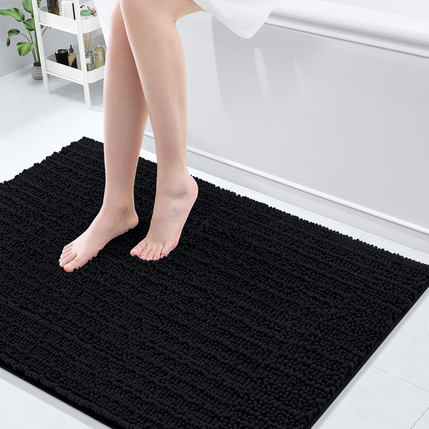 Arotive Luxury Chenille Bathroom Rug Mat, Extra Soft Thick Absorbent Shaggy Bath Rugs, Non-Slip Machine Wash Dry, Plush Bath Mats for Bathroom, Shower and Tub, 44x32, Black