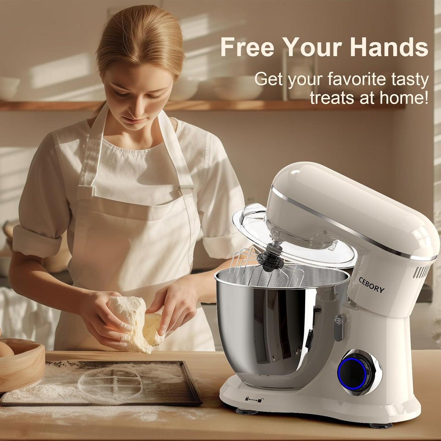 3-IN-1 Electric Stand Mixer, 6.5QT Bowl 660W 10-Speed Kitchen Mixer, Household Food Mixers include Dough Hook, Beater and Whisk, Bread Cake Mixer for Baking and Most Home Cooks, Almond Cream