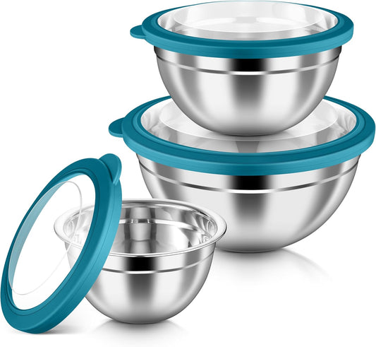 HaWare Mixing Bowls with Airtight Clear Lids, 6-Piece Stainless Steel Strong Nesting Bowls Set, Metal Salad Bowl for Cooking, Prepping, Baking, Serving & Food Storage, Size 4.6, 3, 1.5QT, Teal Blue