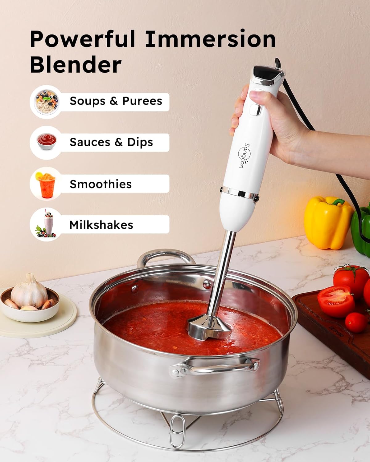 Sangcon Immersion Blender Handheld, 3-in-1 Hand Blender Electric, 400W Handheld Blender, Stainless Steel Blade Stick Blender with Whisk, Milk Frother Attachments - White