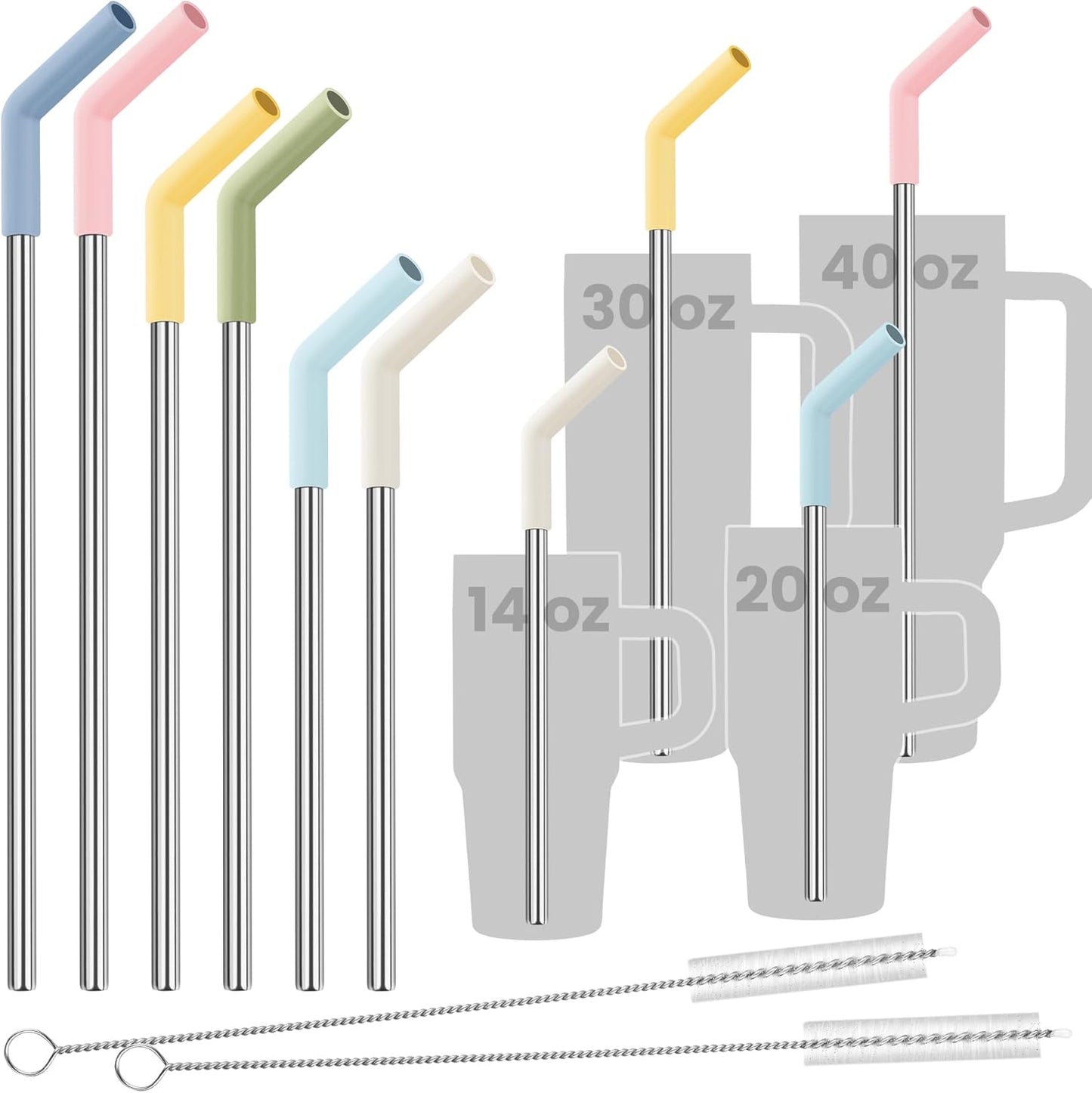 Tomorotec 6-Pack Reusable Stainless-Steel Straws with Silicone Tips, 3 Sizes Compatible with Stanley Tumblers 40OZ 30OZ 20OZ 14OZ, Dishwasher Safe, Includes 2 Cleaning Brushes (Candy Land)