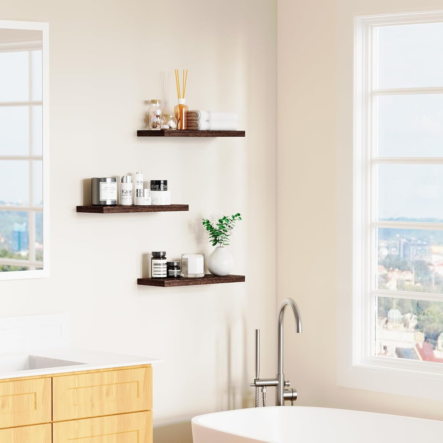 3 Pack Floating Shelves, 16in Brown Paulownia Wood, Rustic Style, Wall Mounted Storage Shelves for Kitchen, Living Room, Bedroom, Bathroom Decor, 75lbs Load Capacity