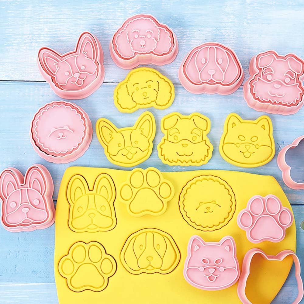 8 Dog Cookie Cutters Set, 3D Puppy Cookie Stamps, Cupcake Pancake Apple Pie Pastry Biscuit Molds, Cookie Baking Molds for Dog Party Decorations (Puppy-1)