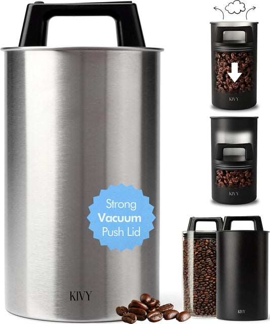 KIVY Vacuum Coffee Canister - Push Lid Preserves Coffee Aroma & Oil - Stainless Steel Airtight Coffee Canister - Removes Excess Air