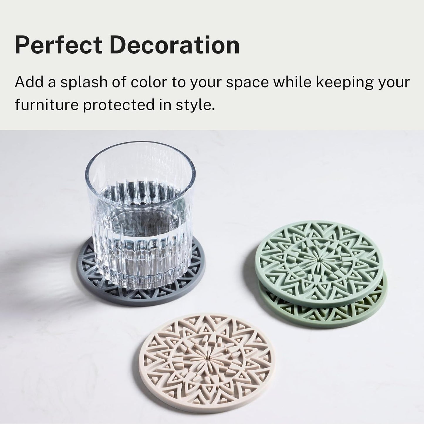 Set of 6 Light Taupe Silicone Coasters with Holder, Drink Coasters with Tribal Pattern Shape- for Table Protection, Anti Slip, Nonstick, Heat Resistant, Deep Tray