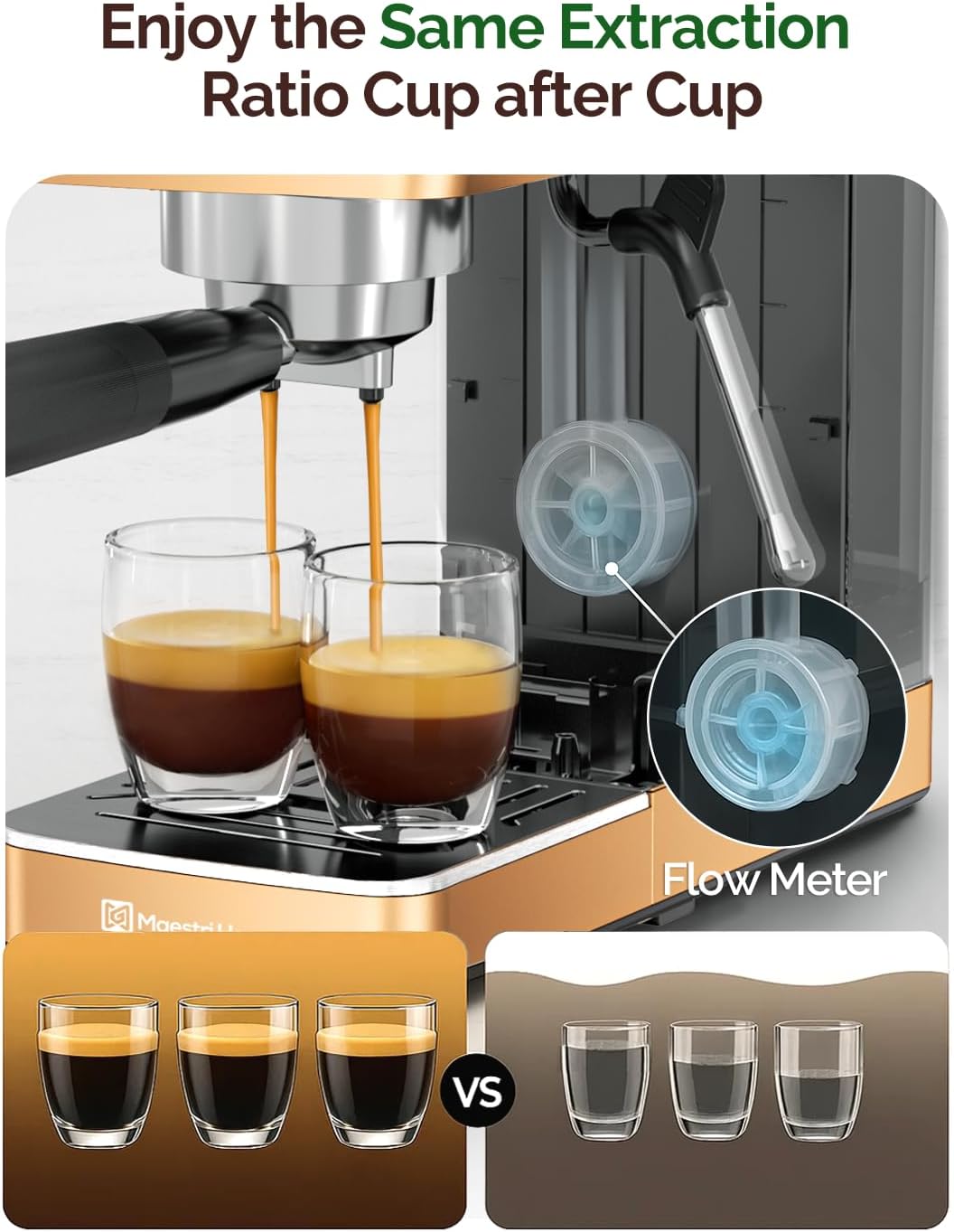 Maestri House 20 Bar ULKA Pump Espresso Machine, Compact Espresso Maker Built-in Flow Meter Steam Milk Frother, Stainless Steel Coffee Machine for Cappuccino, Latte, Rose Golden