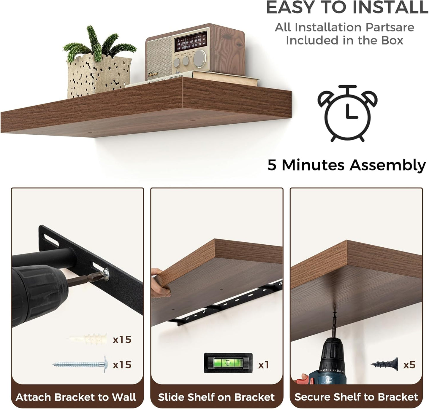 Floating Shelves - 2 Large Wall Mounted Shelves with Invisible Brackets, Long Wood Floating Wall Shelf for Living Room, Bedroom, Kitchen (Walnut, 24" W x 9" D x 1.5" H)