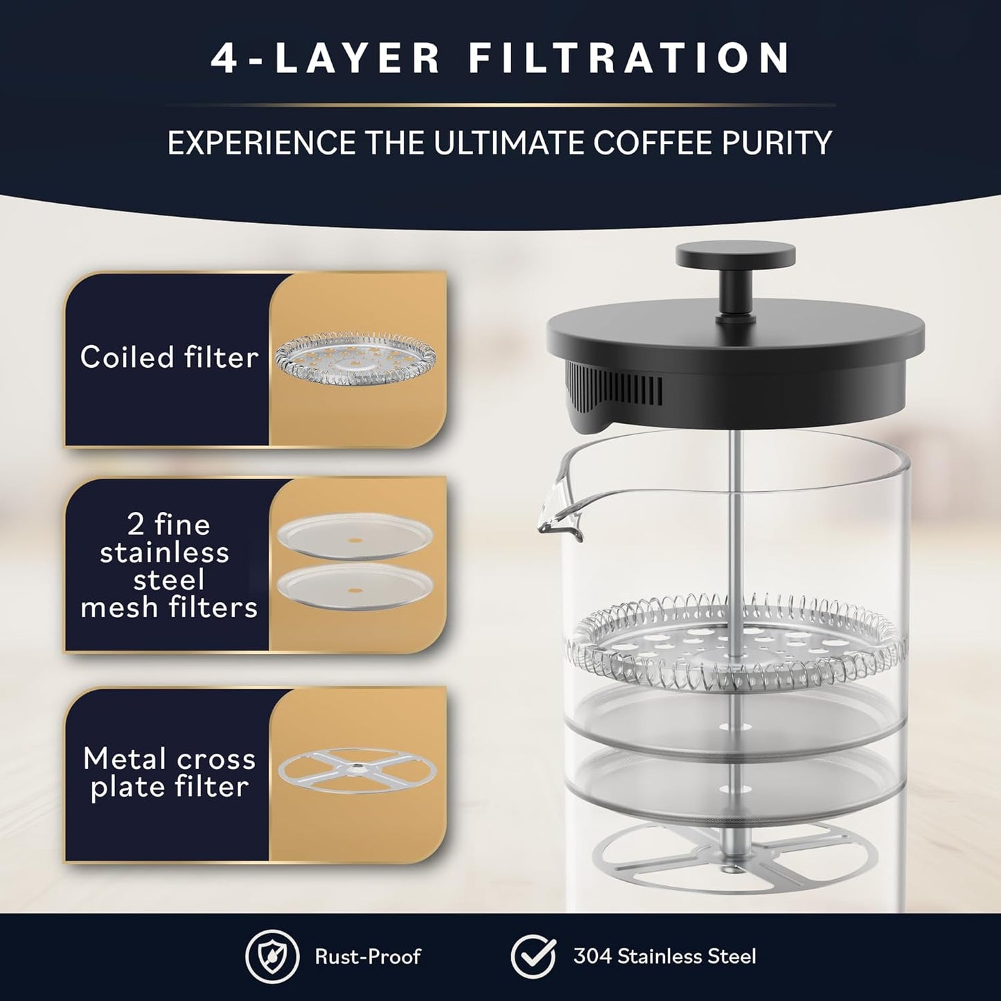 Home Hero French Press Coffee Maker - 34 oz Coffee Press with Bamboo Wood Handle, Heat Resistant Thick Borosilicate Glass French Presses, 4 Layer Filter, French Press Stainless Steel (Black)