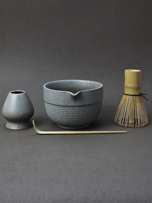Artcome Minimalist Matcha Tea Set – 4-Piece Japanese Matcha Kit with Matte Speckled Ceramic Bowl & Spout, Bamboo Whisk, Holder, Scoop & Manual – Zen-Inspired Wabi-Sabi Tea Ceremony Gift Set