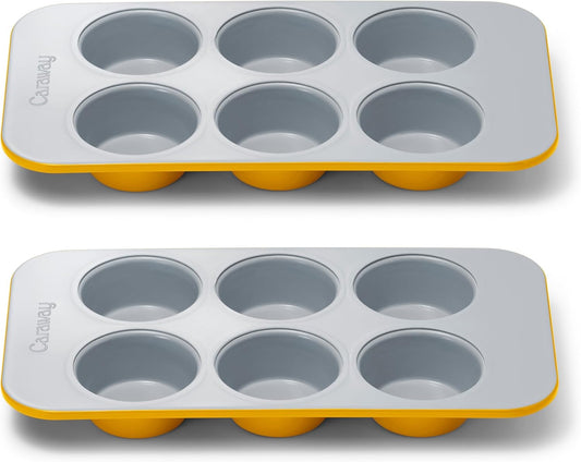 Caraway Nonstick Ceramic 6 Cup Muffin Pan Duo – Non-Toxic, PTFE & PFOA Free – Oven Safe – Aluminized Steel Core – Small Muffin Pan for Baking Cupcakes, Muffins & More - Marigold