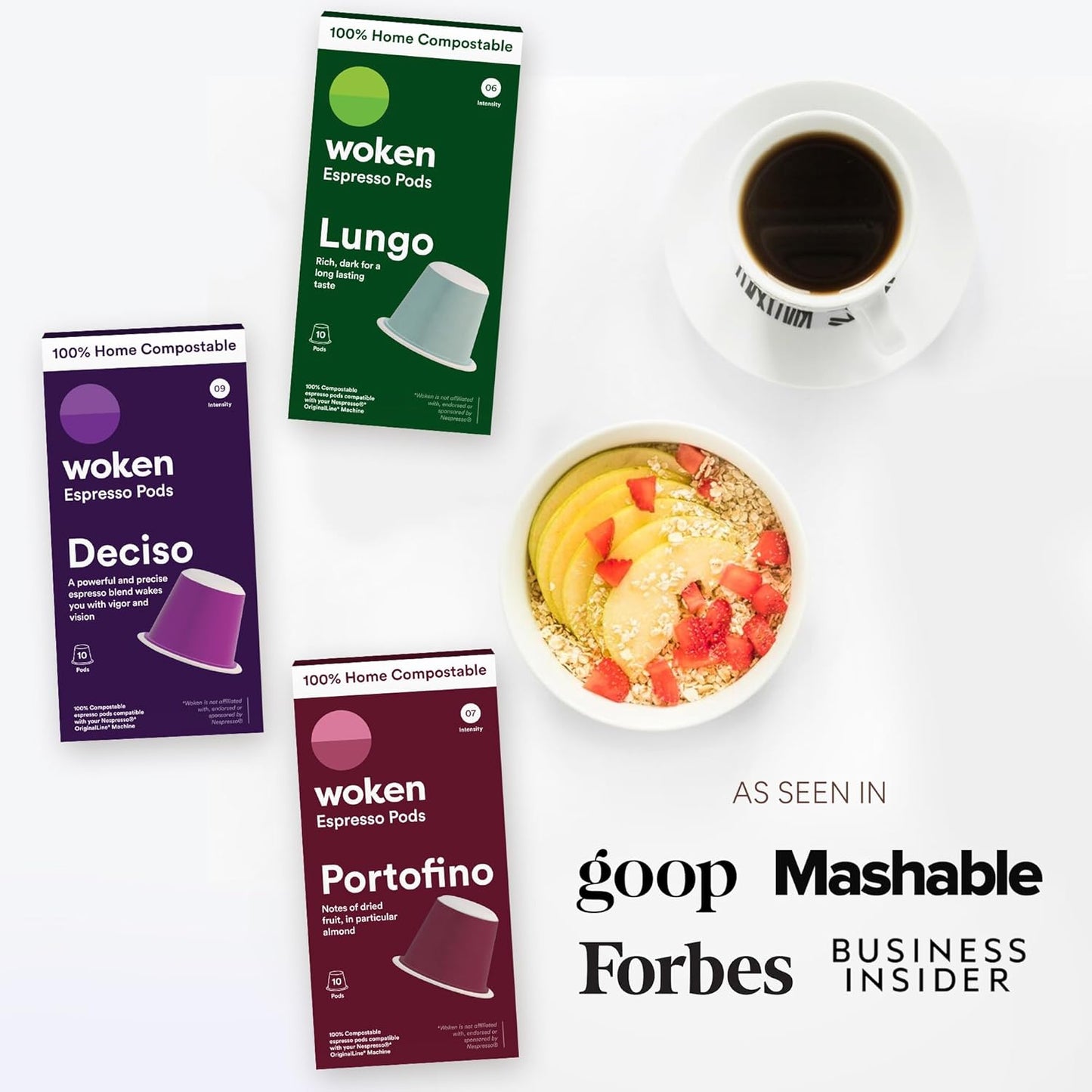 WOKEN COFFEE Compostable Nespresso Pods Variety Pack - Dark and Medium Roast Italian Espresso - Compostable Coffee Pods Compatible with Nespresso Machine (60 Pod Count, 6 Boxes)