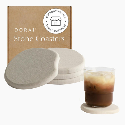 Dorai Home Stone Coaster Set – 4 Absorbent Diatomite Coasters for Instant Drying, Modern Design, Sandstone